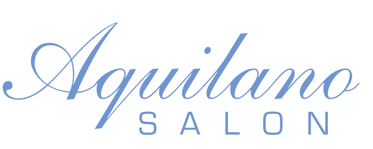 Logo for Aguilano Salon: blue cursive 'Aguilano' above and blue uppercase 'SALON' below.