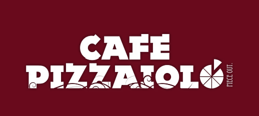Cafe Pizzaiolo logo: bold white text on a burgundy background with a circular pizza-slice icon at the end.