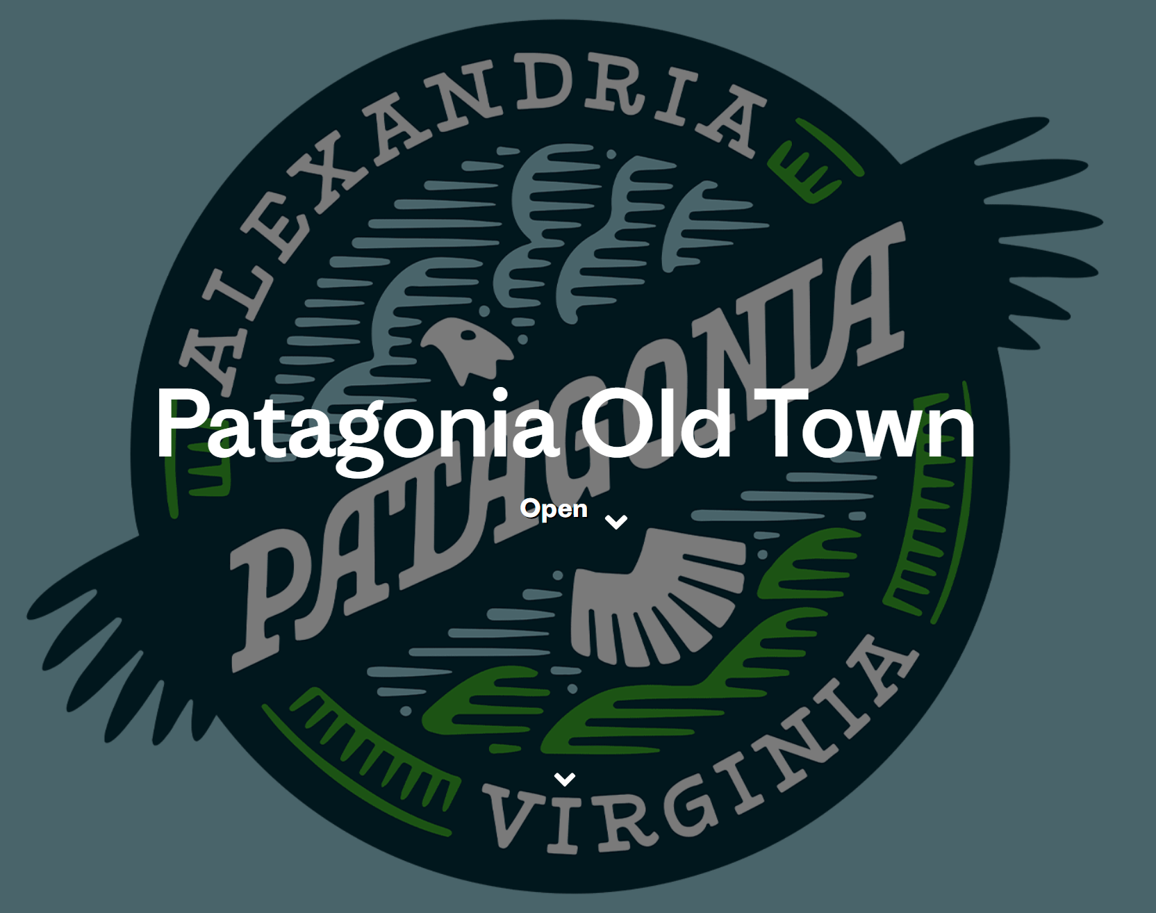Hero banner showing the title 'Patagonia Old Town' in large white text with an 'Open' label and downward chevron over a dark circular emblem background.
