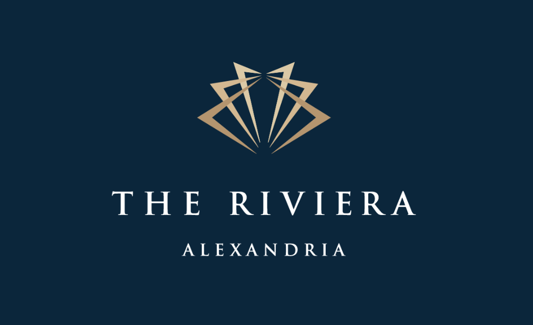 The Riviera - Alexandria Film Festival Brand logo: gold geometric crown symbol above the white uppercase text 'THE RIVIERA ALEXANDRIA' on a dark navy background.