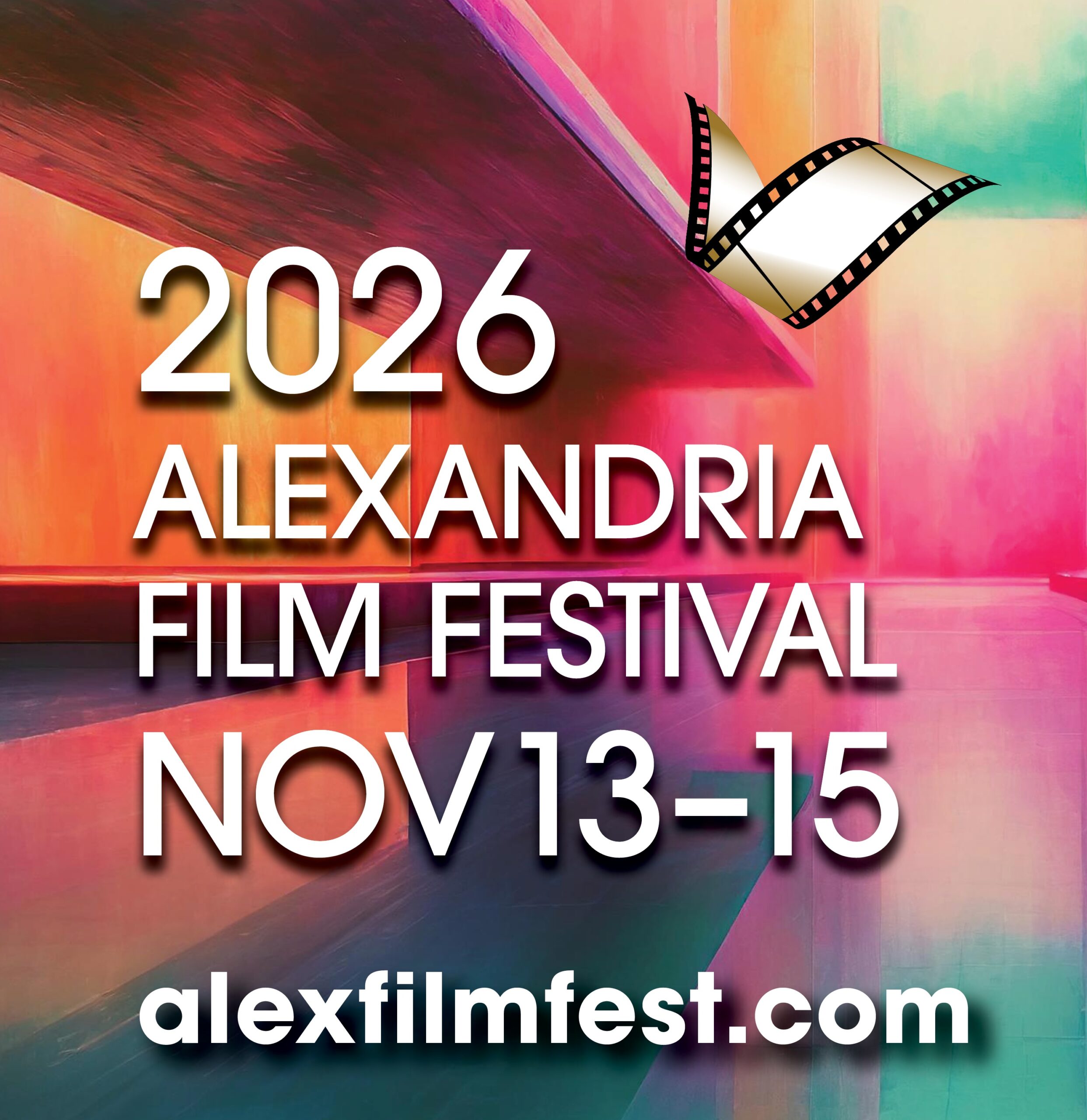 Colorful poster advertising Alexandria Film Festival with large white year 2026, film reel graphic, and dates/website.