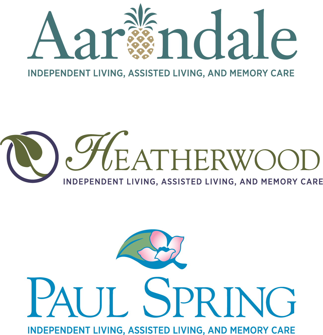 Arendale logo featuring a pineapple motif and the words INDEPENDENT LIVING, ASSISTED LIVING, AND MEMORY CARE in teal lettering at the bottom of the logo
