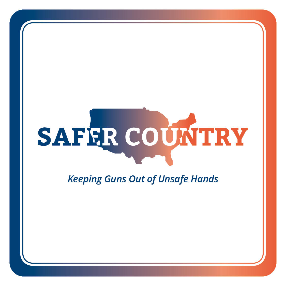 Logo for Safer Country featuring a gradient US map over the words 'SAFER COUNTRY' and the slogan 'Keeping Guns Out of Unsafe Hands'.